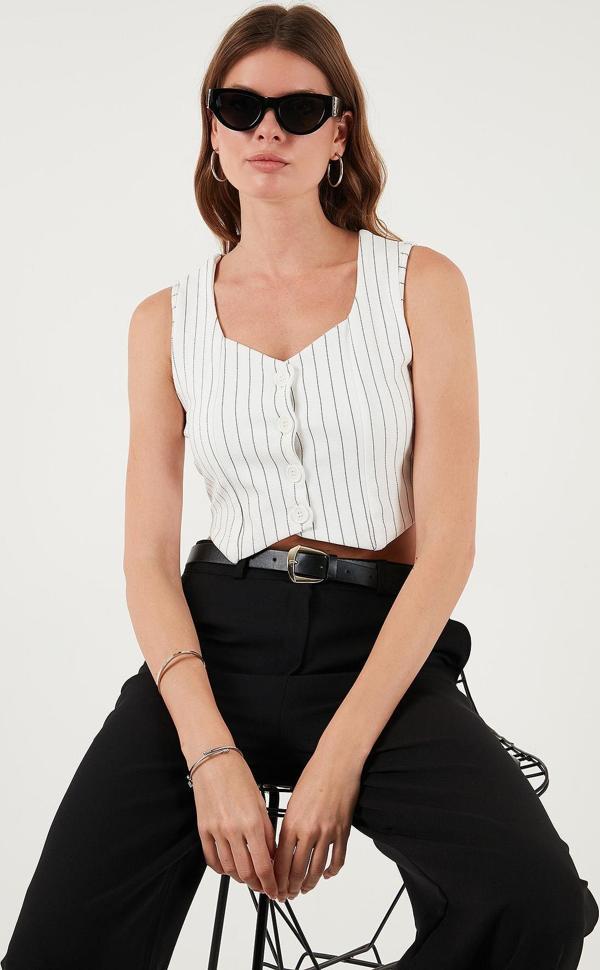 Lela Slim Fit Kalp Yaka Düğmeli Kalın Askılı Crop Bayan Yelek 5865497 SİYAH ÇİZGİLİ - Image 1