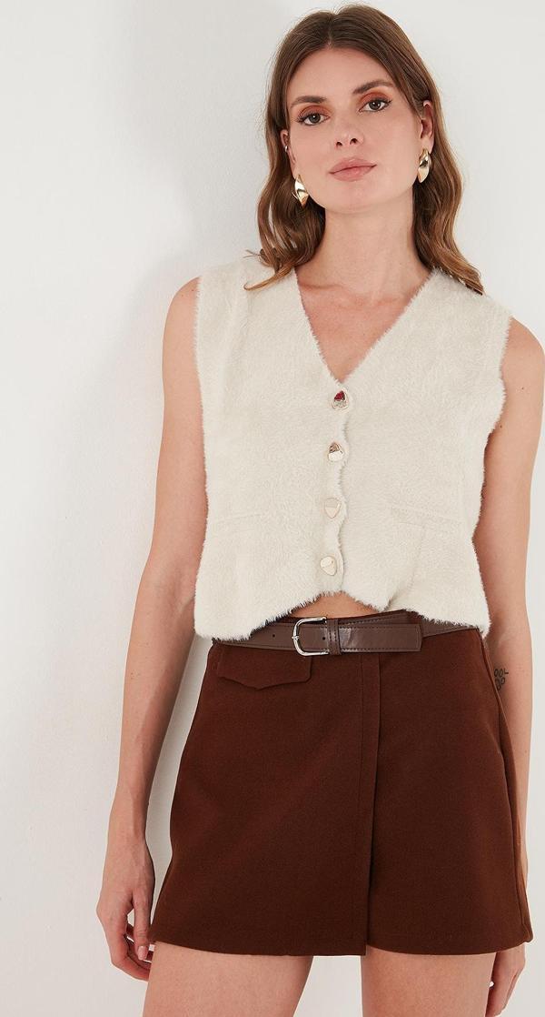 Lela Regular Fit V Yaka Yumuşak Dokulu Düğmeli Bayan Yelek 4615241 TAŞ - Image 1