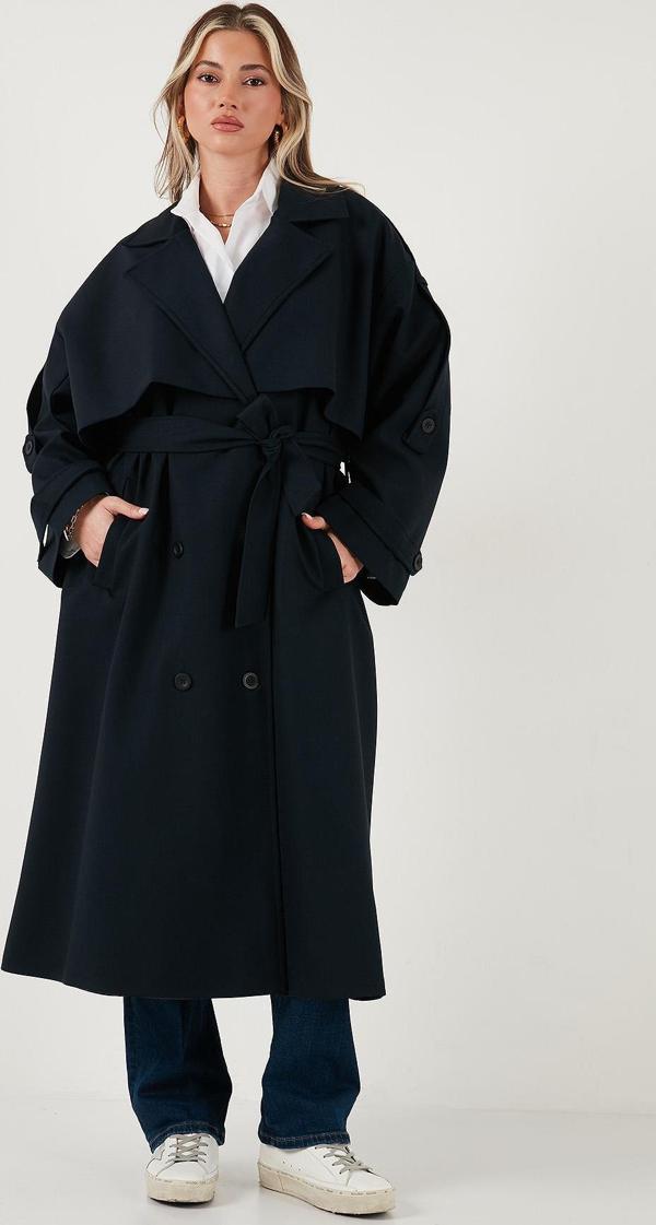 Lela Oversize Fit Kruvaze Yaka Düğmeli Kemerli Uzun Bayan Trençkot 6839476 LACİVERT - Image 1