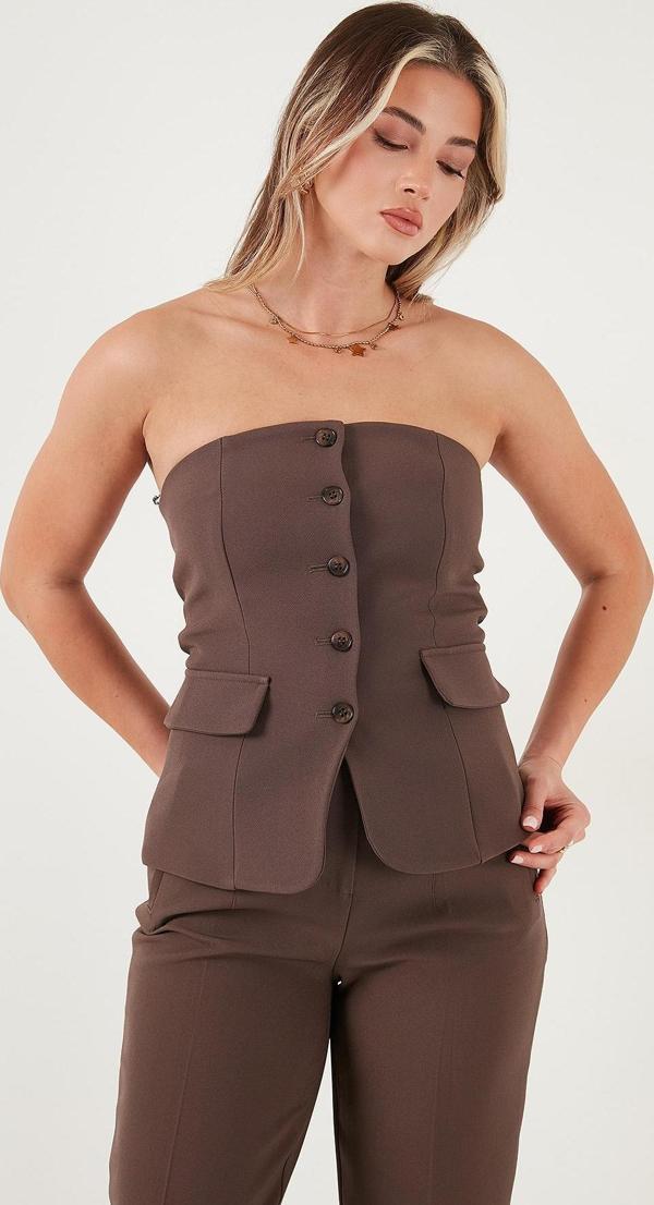 Lela Regular Fit Straplez Yaka Düğmeli Bayan Yelek 6839611 KAHVE - Image 1