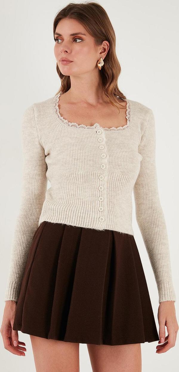 Lela Premium Slim Fit Dantel Detaylı Yaka Örme Bayan Hırka 680HI00061 TAŞ - Image 1