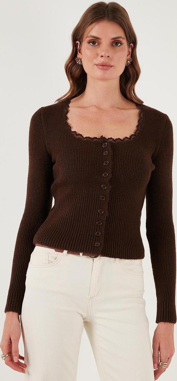 Lela Premium Slim Fit Dantel Detaylı Yaka Örme Bayan Hırka 680HI00061 KAHVE - Image 1