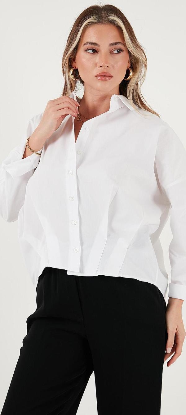 Lela Pamuklu Oversize Önü Kısa Arkası Uzun Klasik Yaka Bayan Gömlek 6834985 BEYAZ - Image 1