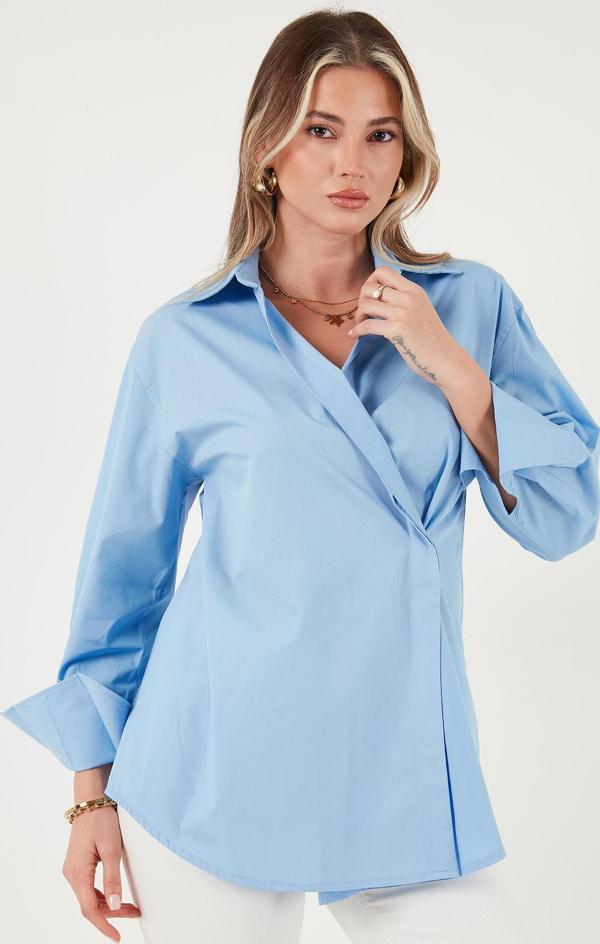Lela Regular Fit Klasik Yaka Bağlamalı Uzun Kollu Bayan Gömlek 6834987 MAVİ - Image 1