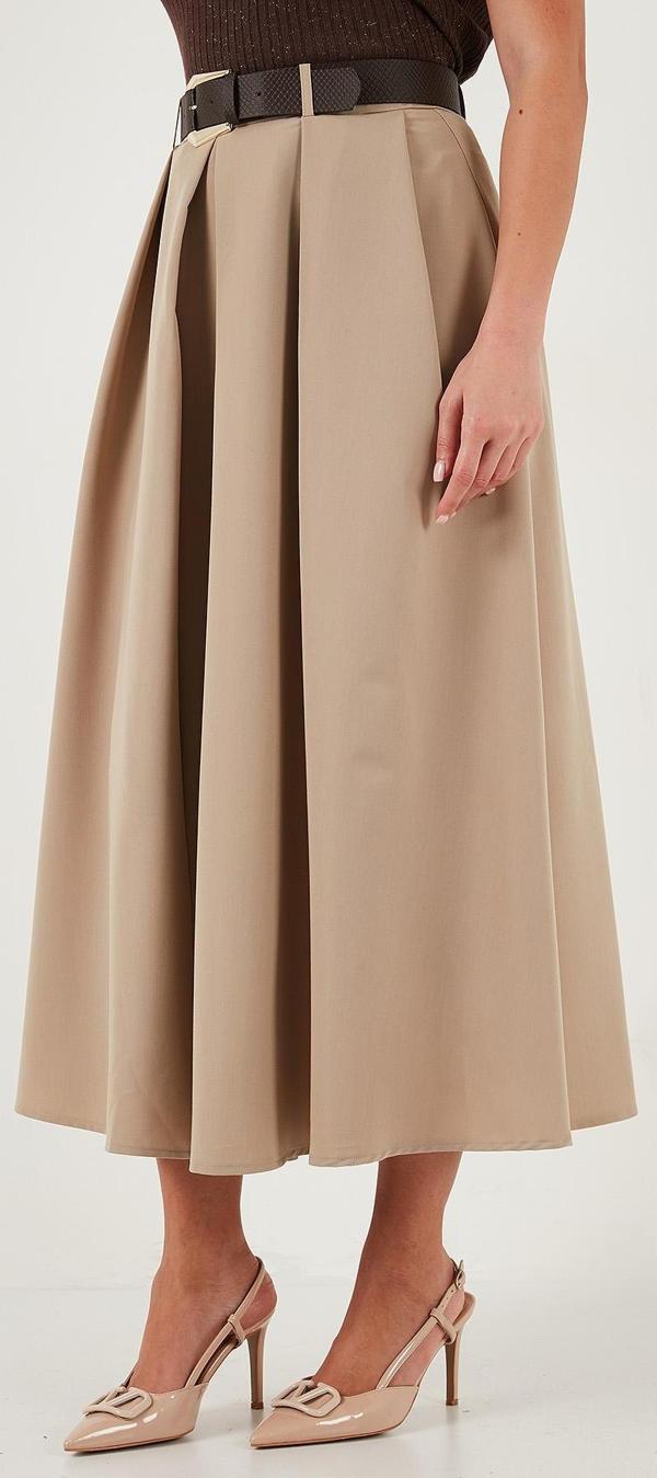 Lela Modest Kemerli Comfort Fit Yüksek Bel Pileli Kloş Uzun Tesettür Bayan Etek 6833360 CAMEL - Image 1