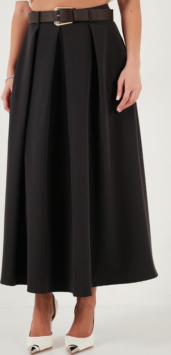 Lela Modest Kemerli Comfort Fit Yüksek Bel Pileli Kloş Uzun Tesettür Bayan Etek 6833360 KOYU KAHVE - Image 1