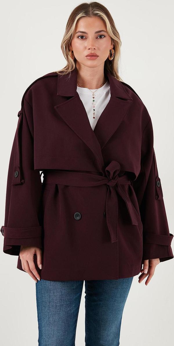 Lela Relaxed Fit Kruvaze Yaka Düğmeli Astarlı Bayan Trençkot 6839580 MÜRDÜM - Image 1