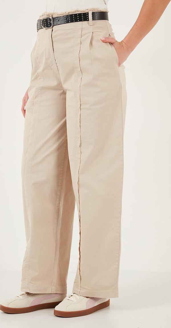 Lela Pamuklu Relaxed Fit Geniş Paça Dikiş Detaylı Kemerli Bayan Pantolon 68351208 TAŞ - Image 1