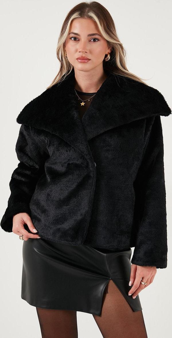 Lela Oversize Geniş Yaka Çıtçıt Düğmeli Astarlı Peluş Bayan Mont 6839623 SİYAH - Image 1