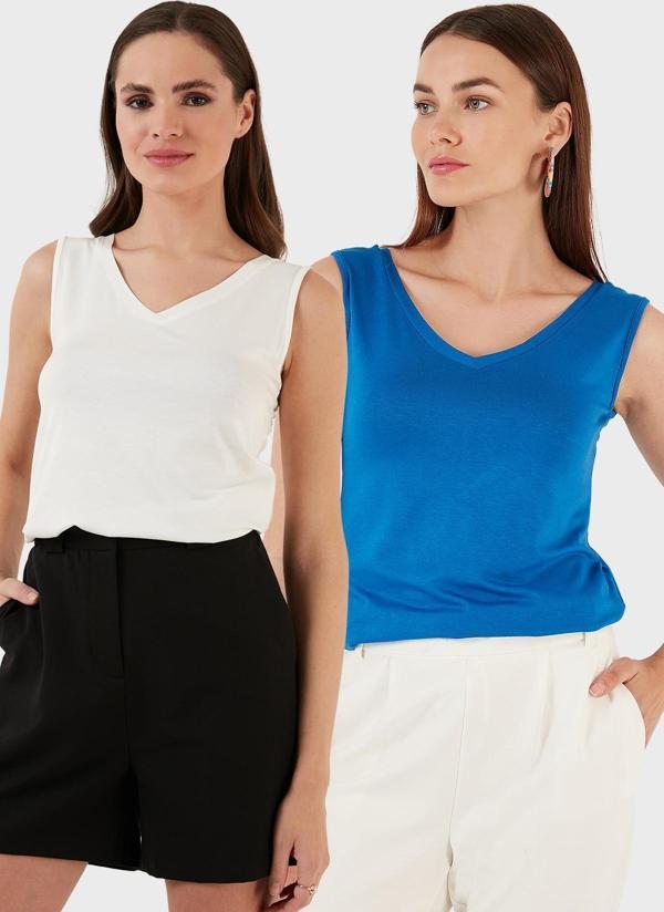 Lela Slim Fit V Yaka Kalın Askılı 2' li Paket Bayan Bluz 5864384S2 Ekru-Saks - Image 1