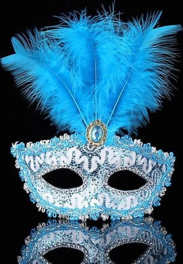 MDB Mavi Dantel İşlemeli Mavi Tüylü Balo Parti Maskesi - Image 1