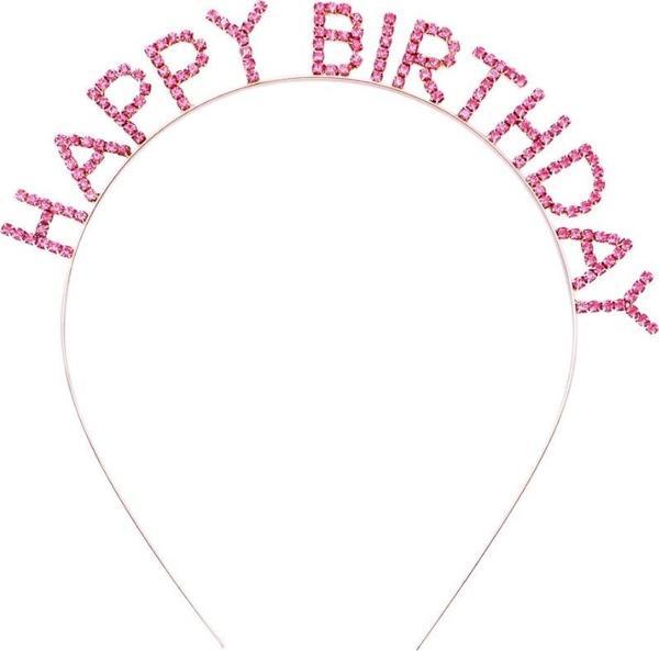 MDB Pembe Kristal Taşlı Gold Happy Birthday Taçı - Image 1