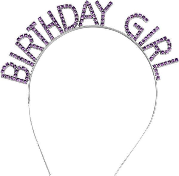 MDB Mor Renk Kristal Taşlı Parlak Birthday Girl Yazılı Taç - Image 1