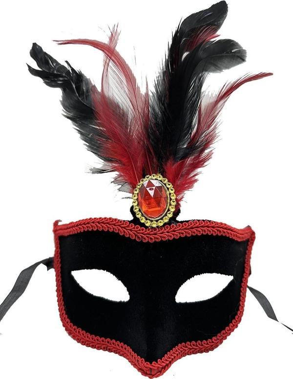 MDB Kırmızı Tüylü Siyah Süet Kaplama Parti Maskesi - Image 1