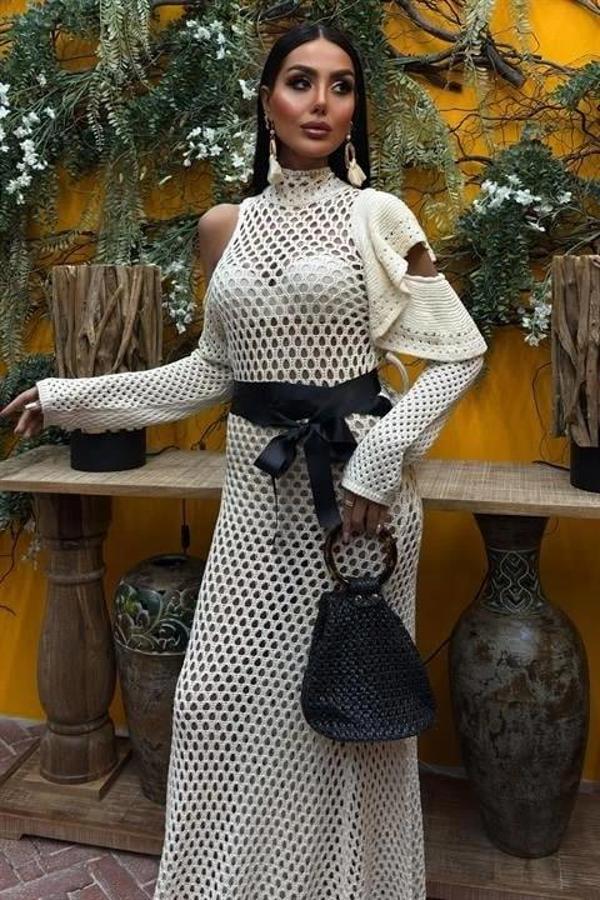 MDB Saten Kuşaklı Ajurlu Triko Elbise 2847 - Image 1