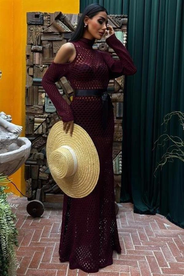 MDB Saten Kuşaklı Ajurlu Triko Elbise 2847 - Image 1