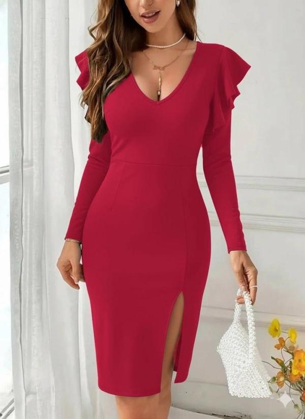 MDB Kadın Uzun Kollu V Yakalı Yandan Yırtmaçlı Midi Ithal Krep Elbise - Image 1