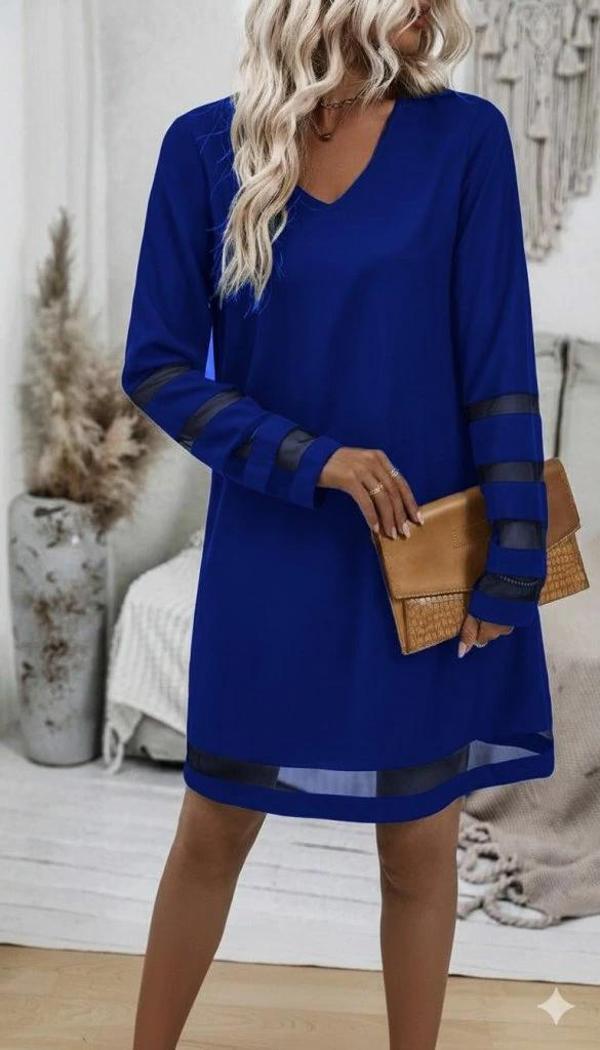 MDB Kadın Uzun Kollu V Yakalı Tül şerit Detaylı Mini Krep Elbise - Image 1