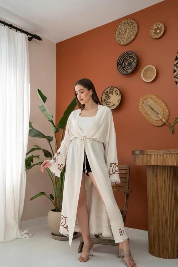 MDB Kahverengi Baskı Detay Keten Hırka - Image 1