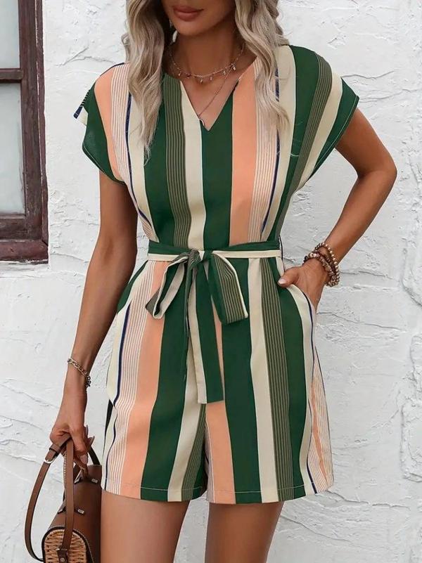 MDB Kadın Kısa Kollu V Yakalı Beli Kuşaklı Keten Tulum - Image 1