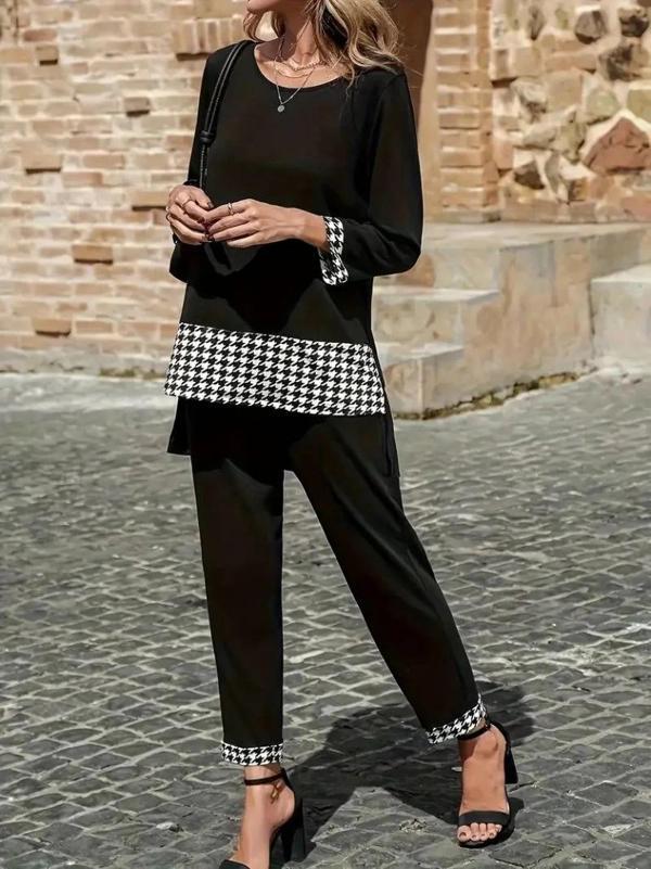 MDB Kadın Uzun Kollu Yuvarlak Yakalı Kaz Ayağı Detaylı Viskon Iki Iplik Bluz Ve Pantolon Ikili Takım - Image 1