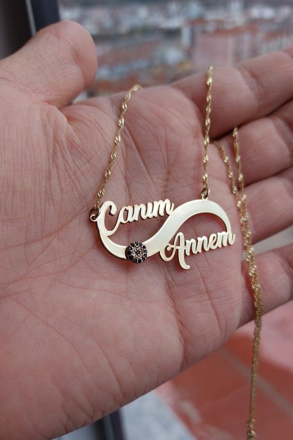 925 Ayar Gümüş 24 Ayar Altın Kaplama Canım Annem Yazılı Nazar Boncuklu Sonsuzluk Kolye - Image 1
