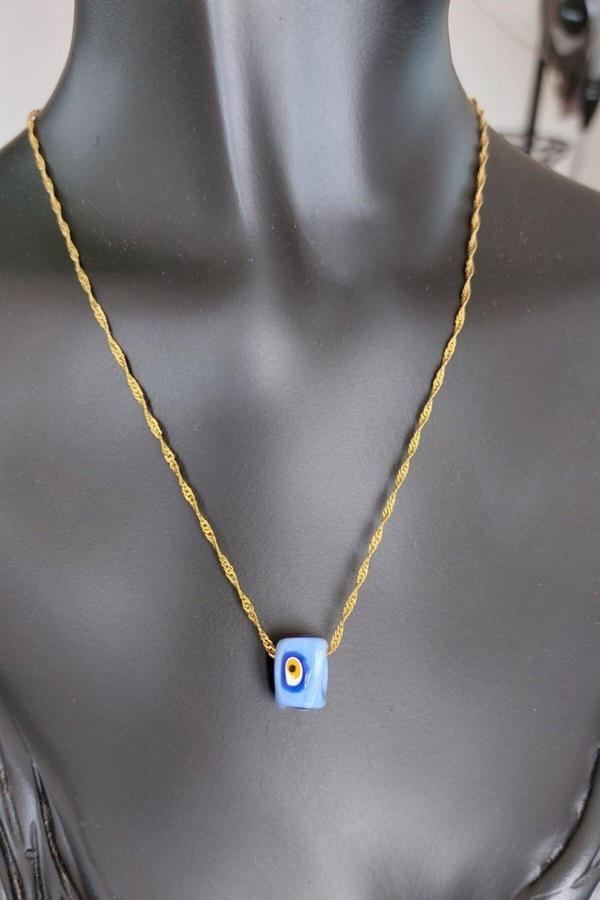 925 Ayar Gümüş 24 Ayar Altın Kaplama Nazar Boncuklu Singapur Zincir - Image 1