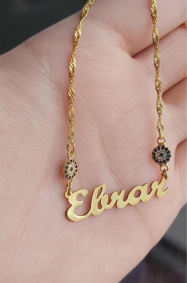 925 Ayar Gümüş 24 Ayar Altın Kaplama Kalın Zincirli 2 Nazar Boncuklu Kolye - Image 1