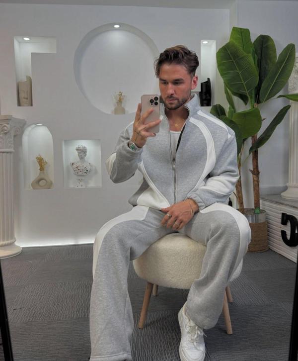 Leonard Gri Beyaz Relax Fit Pamuklu Baggy Kalıp Basic Takım Eşofman  - Image 1