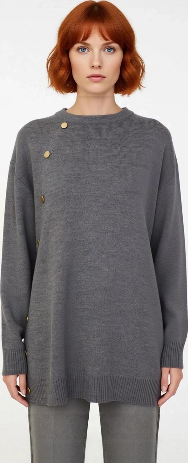 Kadın Düşük Kol Uzun Boy Akrilik Triko Kazak Regular Kalıp Düz Tasarım Modern Yan Düğmeler - Image 1