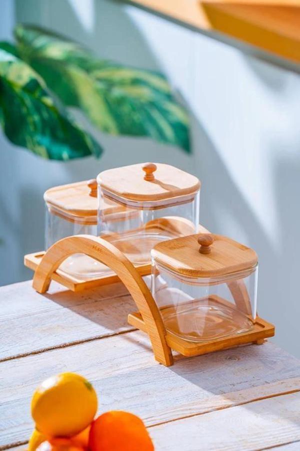 Acar LND7579 Bambu Stantlı ve Kapaklı Baharatlık 3'lü - Image 1