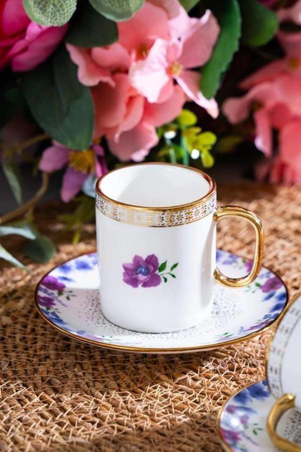 Acar KAI6901 Mor Çiçek Desenli Gold Detaylı Beyaz Porselen Kahve Seti 2'li - Image 1