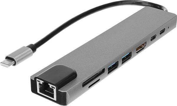 Hytech HY-USBC83 4K@30Hz Gri Metal 2xUSB3.0, 1xUSB2.0, 1000Mbps PD, TypeC Data, SD/TF Kart Okuyucu Type C Adaptör - Image 1