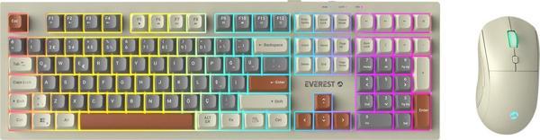 Everest Km-77 Runa Gri-Krem-Kahve Usb Rainbow Aydınlatmalı Sessiz Q Klavye + Mouse Set - Image 1