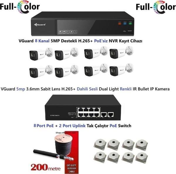 VGuard 5mp Dahili Sesli Ve Gece Renkli 8 Kameralı Tak Çalıştır Hazır IP Kamera Seti Disk Yoktur - Image 1