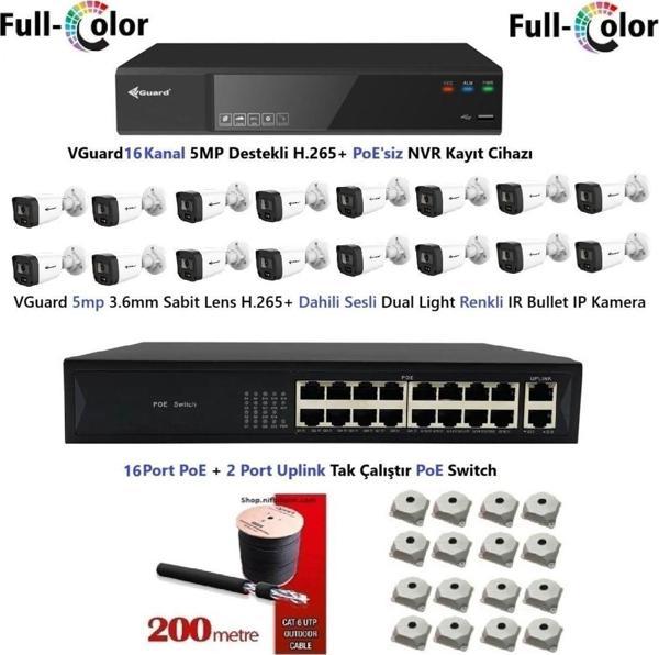 VGuard 5mp Dahili Sesli Ve Gece Renkli 16 Kameralı Tak Çalıştır Hazır IP Kamera Seti Disk Yoktur - Image 1