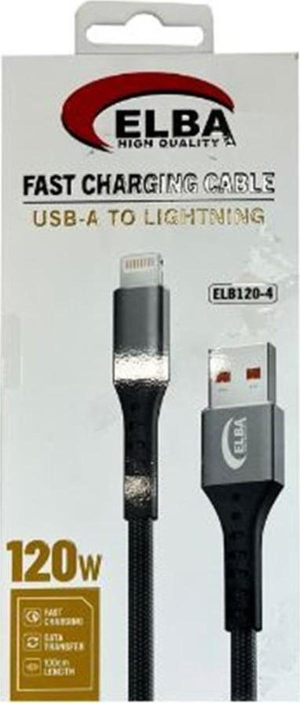 Elba Elb120-4 120W Lightning To Usb 1 Metre Siyah Örgülü Şarj Kablosu - Image 1
