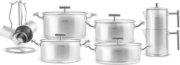 Karaca Vanilla İndüksiyon Tabanlı 15 Parça Çaydanlık ve Cezveli Çelik Tencere Seti - Image 1