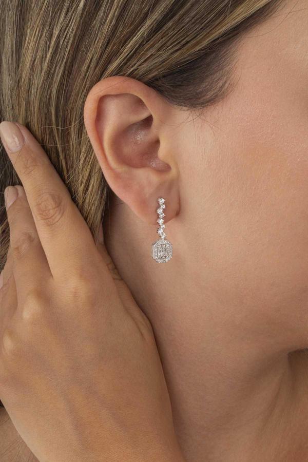 Gümüş Pazarım Pırlanta Montür Sıralı Tek Taş Rodyum Kaplama Baget Gümüş Küpe - Image 1