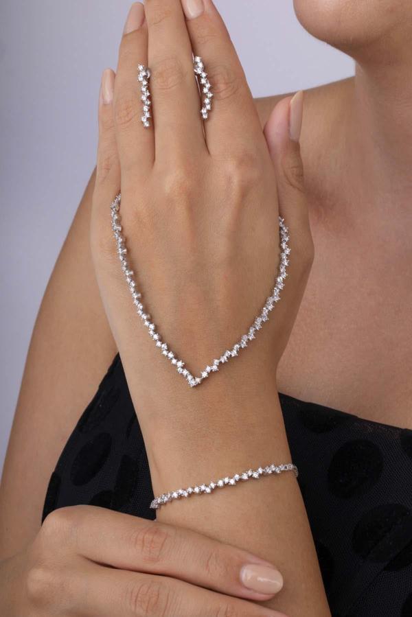 Gümüş Pazarım Pırlanta Montür Rodyum Kaplama 4 Tırnaklı Su Yolu Gümüş Düğün Seti - Image 1