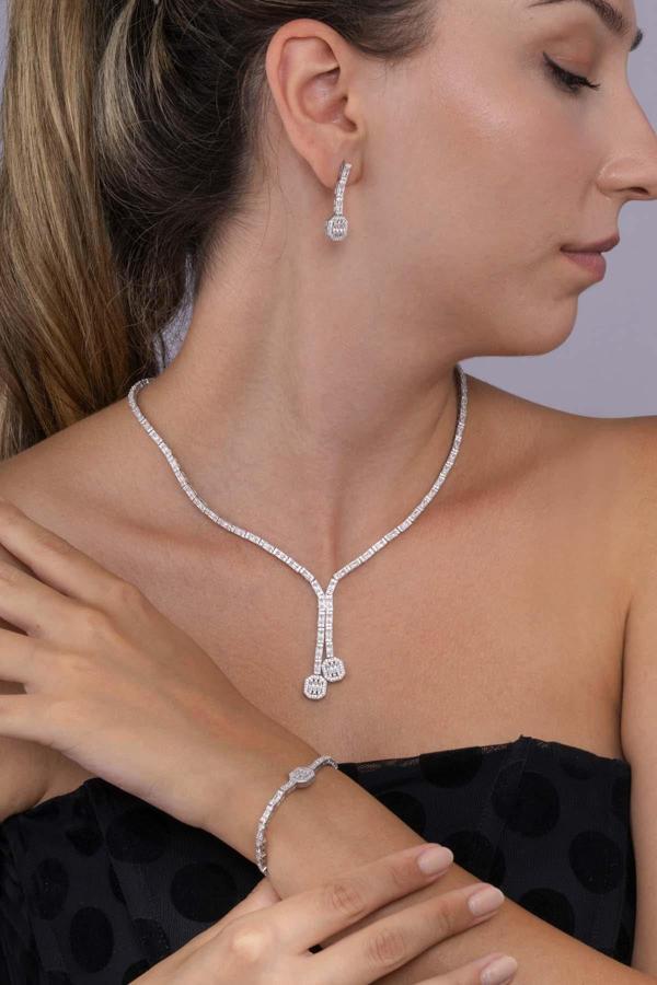 Gümüş Pazarım Su Yolu Süzme Baget Taşlı 925 Ayar Gümüş Düğün Seti - Image 1