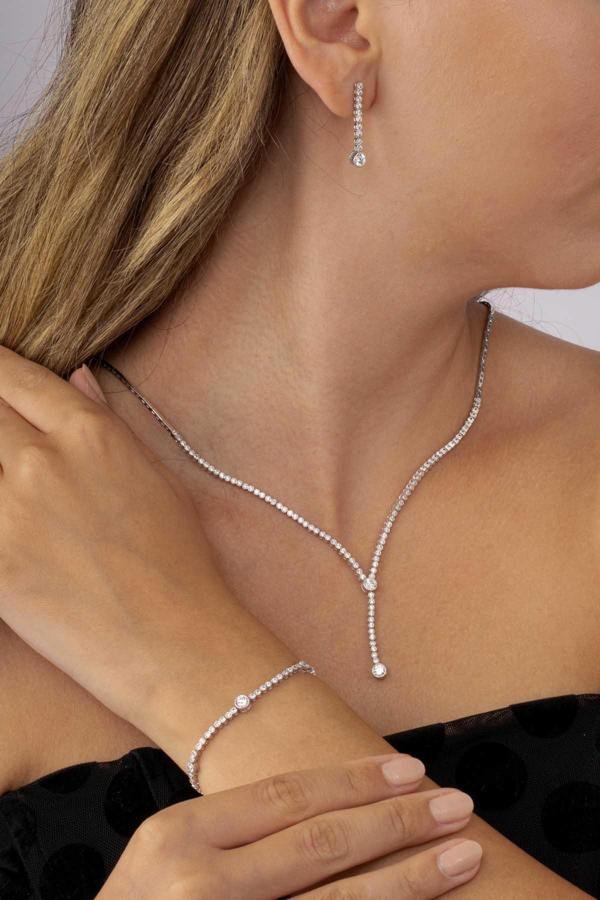 Gümüş Pazarım Tektaş Detaylı Su Yolu Rodyum Kaplama 925 Ayar Gümüş Düğün Seti - Image 1