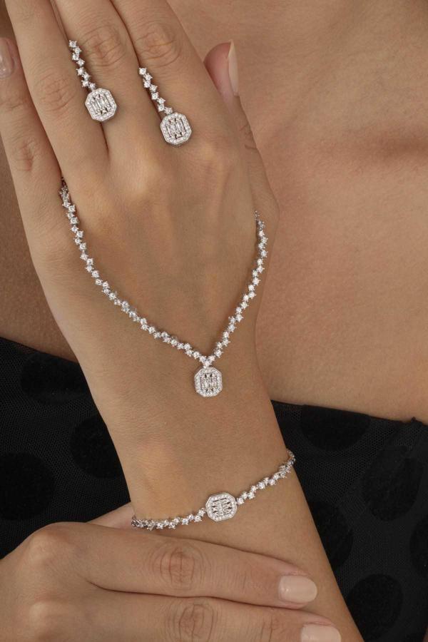 Gümüş Pazarım Pırlanta Montür Sıralı Tek Taş Rodyum Kaplama Baget Gümüş Düğün Seti - Image 1