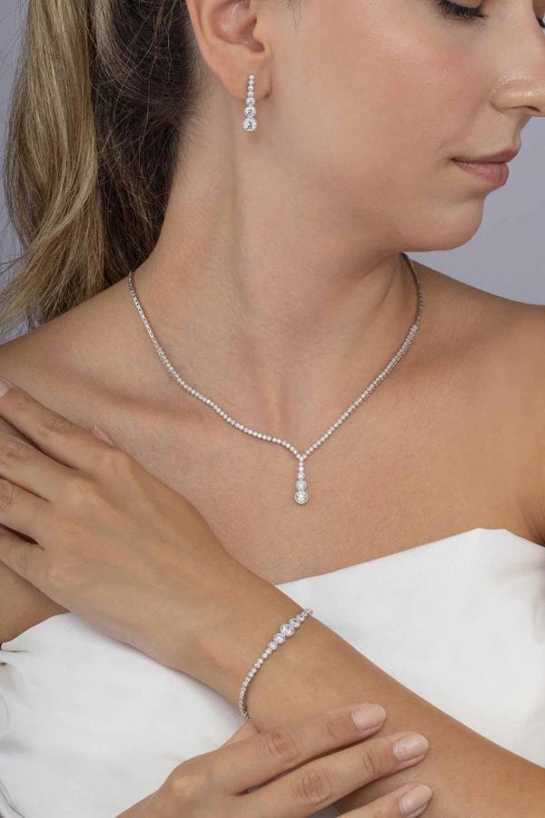 Gümüş Pazarım Pırlanta Montür Yuvarlak Kesim Su Yolu Gümüş Düğün Seti - Image 1