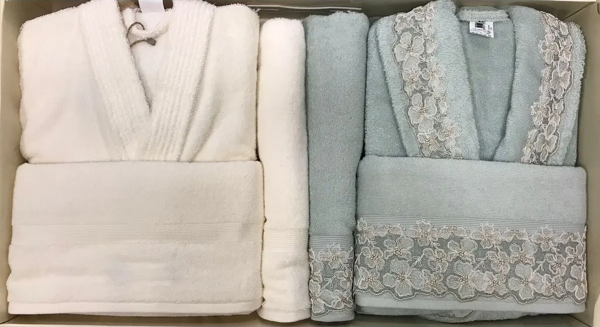 Begonvil Aile Bornoz Seti Krem Yeşil - Image 1