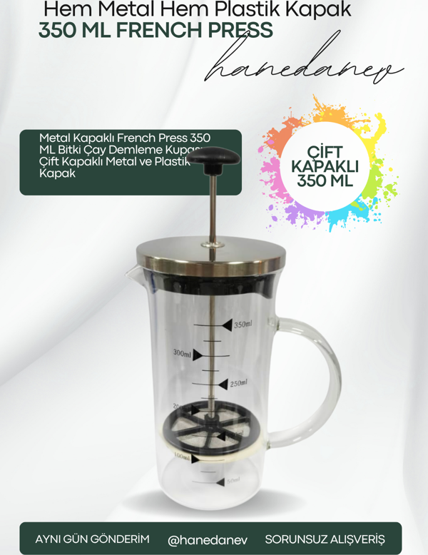 Metal Kapaklı French Press 350 ML Bitki Çay Demleme Kupası Çift Kapaklı Metal ve Plastik Kapak - Image 1