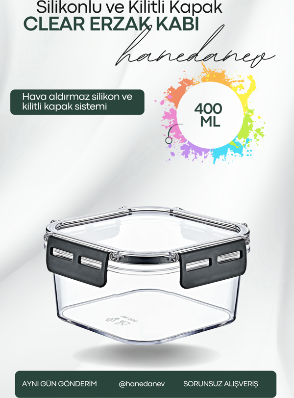 Clear Kare Erzak Kabı - Silikonlu ve Kilitli Kapaklı Saklama Kabı 400 ML 12 x 6,5 Cm - Image 1