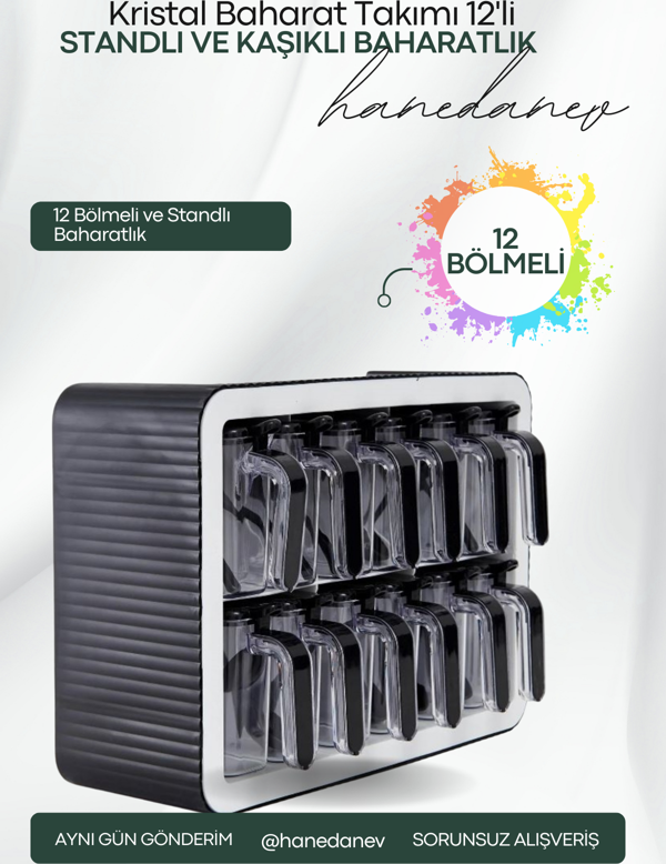 12'li Baharatlık Takımı Standlı Kendinden Yapışkanlı Kaşıklı ve Kapaklı Baharatlık Seti - Image 1