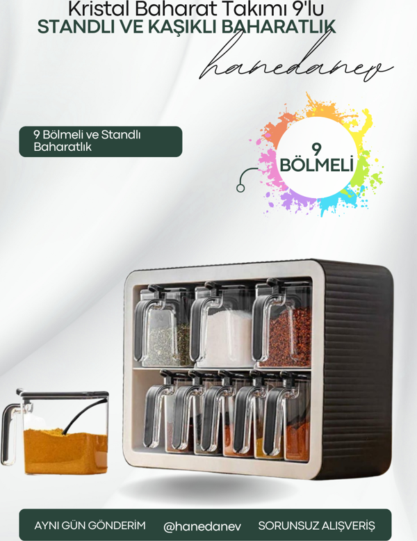 9'lu Baharatlık Takımı Standlı Kendinden Yapışkanlı Kaşıklı ve Kapaklı Baharatlık Seti - Image 1