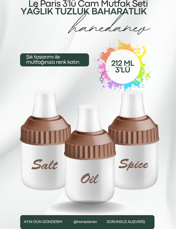 3 Parça Cam Yağlık Cam Tuzluk Cam Baharatlık 212 ML Mutfak Seti 7x14 Cm - Image 1